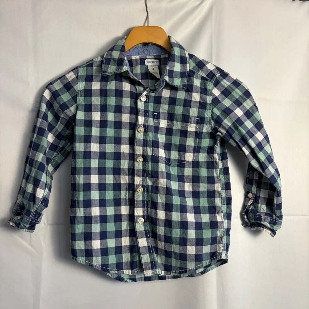 Carters Boys Navy Blue Mint Green Gingham Plaid Button Down Shirt Size 4